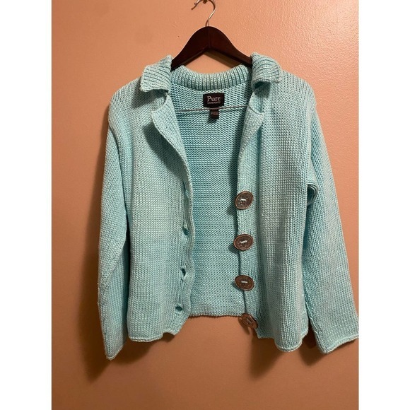 Vintage Pure Handknit Chunky Knit Button Front Crochet Sweater - Picture 9 of 14